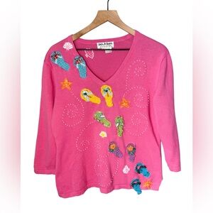 Jack B. Quick Vintage Petal Pink Beaded Flip Flop Embellished Sweater Sz XL